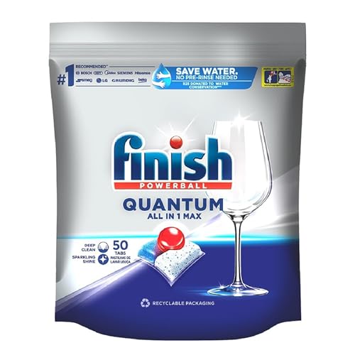 Finish 50 Tablets, Powerball Quantum All in 1 Max Dishwasher Tablets |Best ever Clean & Shine | World’s #1 Recommended Dishwashing Brand