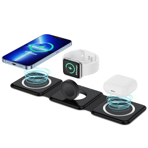 3 in 1 Magnetic Foldable MagSafe Compatible Wireless Charger for iPhone 15 to 12 Series | Compatible with only Apple Watch Series | AirPods 2, 3, Pro | 23W Charging | Wireless Charger – Matte Black
