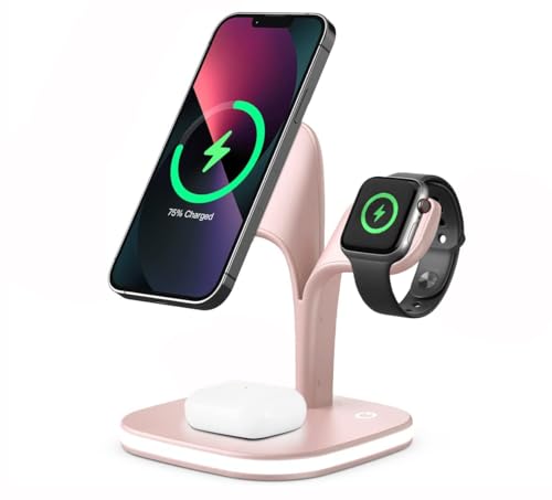 UNIGEN MAGTEC 500 23W 5 in 1 Foldable Mag-Safe Charging Station, Charger Compatble with iPhone 15/14/13/12 Apple Watch SE/7/6/5/4/3/2 and Airpods 3/2/Pro with LED Lamp and USB Port (Pink)