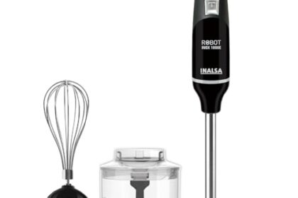 INALSA Hand Blender 1000 Watts with Chopper, Whisker| Variable Speed & Turbo Speed Function|100% Copper Motor|1Liter|Low Noise |Anti-Splash Technology|Home&kitchen|2 Year Warranty (Robot Inox 1000E)