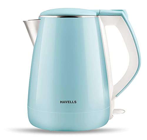 Havells Electric Kettle Aqua Plus 1250 Watts 1.2 liters , Double Layered Cool Touch Outer Body | 304 Rust Resistant SS Inner Body with Auto Shut Off | Wider Mouth | 2 Yr Manufacturer Warranty (Blue)