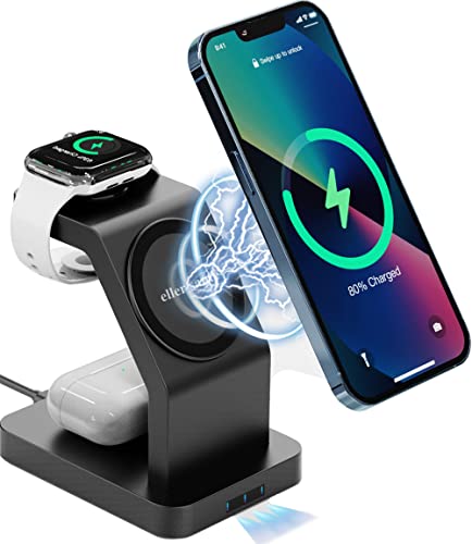 eller santé® Wireless Charger 3in1 23W Magnetic Mag-Safe for iPhone 15/15 Plus/15 Pro/15 Pro Max, iPhone 14/14 Plus/14 Pro/14 Pro Max,13/12, Airpods 3rd/2nd gen, Series 9/8/7/6/5/4/SE-Black