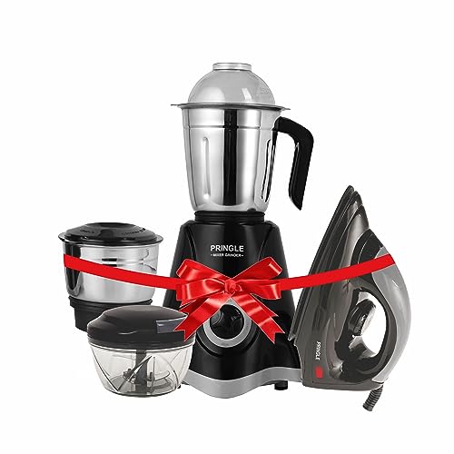 Pringle 500W 2 Jar Mixer Grinder with 3 Speed Control and 1000W Dry Non-Stick soleplate Iron and Pulling vegetable Chopper Super Combo (Black – 1 year Warranty)