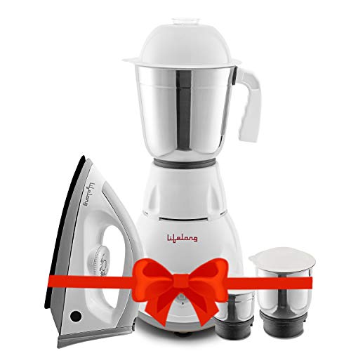 Lifelong Power – Pro 500 Watt 3 Jar Mixer Grinder with 3 Speed Control and 1100 Watt Dry Non-Stick soleplate Iron Super Combo (White and Grey, 1 Year Warranty)