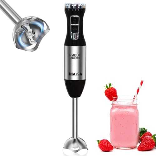 INALSA Electric Hand Blender with 500W Powerful DC Motor|Variable & Turbo Speed|Super Silent|Ultra Sharp SS Blade & Detachable Stem|2Yr Warranty|Blender for smoothie and juices,Whip,Chop-RobotInox500