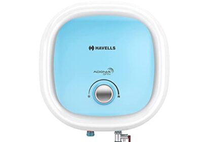Havells Adonia Spin 15 Litre Storage Water Heater | Color Changing LED Indicator, Glass Coated Tank | Warranty: 7 Year on Tank, Free Flexi Pipes, Free Installation, Free Shock Safe Plug | (White Blue)