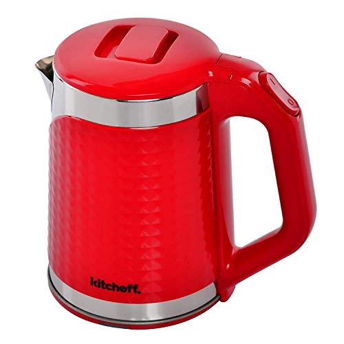 Kitchoff KIT1906-R 1500W Cordless Electric Kettle Double Wall Stainless Steel Cool Touch Fast Water Heating Boiling with Auto Shut-Off (1.7 L, Red)