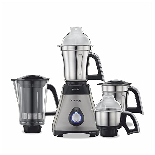 Preethi Steel Supreme MG-208 mixer grinder, 750 watt (Silver/ Black), 4 jars – Super Extractor juicer Jar, Vega W5 motor with 5yr Warranty & Lifelong Free Service