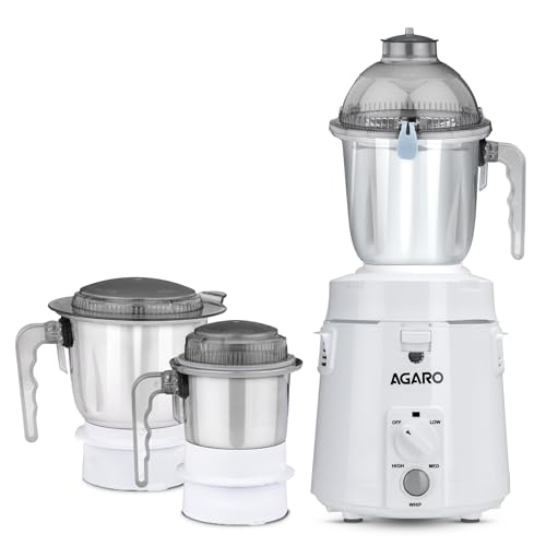 AGARO Royal Mixer Grinder 900W, Heavy Duty, 100% Pure Copper Motor, 3 Stainless Steel Jar, 3 Speed, Whip Function, Stainless Steel Blades,Wet & Dry Grinding, White