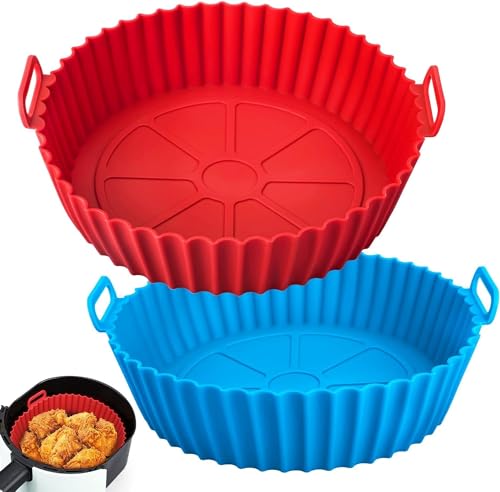 Vn care Air Fryer Liners Pot 2 Pack I Round Silicone Basket Baking Tray I Pot With Ear Handles I Nonstick Reusable Heat Resistant I Cooking Oven Insert Accessories – Multicolor (8 Inch), Multicolour