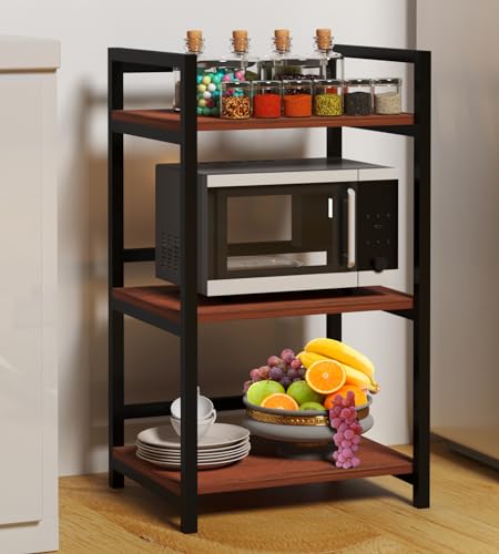 DIVYA 3-Layer Microwave Stand, OTG Stand, Microwave Oven Rack, Kitchen Storage Shelf (Walnut Brown & Black Pipe,Alloy Steel;Engineered Wood, Tiered Shelf)