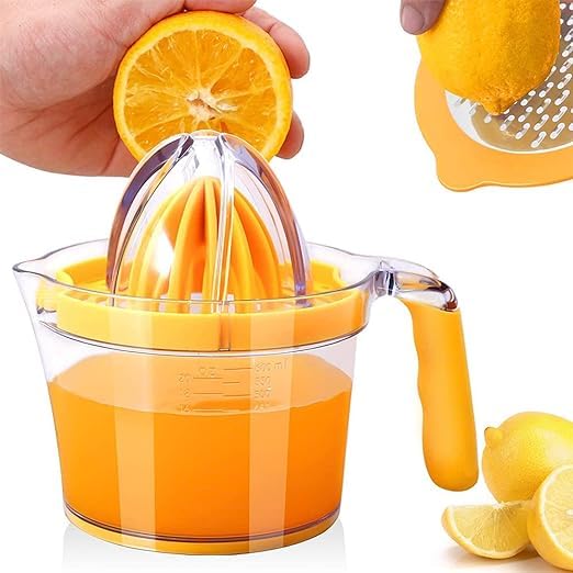 NIRDAMBHAY 4 In 1 Citrus Lemon Orange Juicer Manual Hand Squeezer with Built-in Measuring Cup and Grater, Healthy Juice, Oranges, Lemons, Limes With Egg Separator, And Silicone Handle