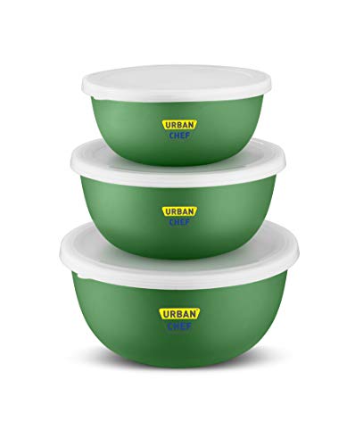 URBAN CHEF Microwave Safe Bowl | 1 Year Warranty | Serving Bowl with Lid, Mixing Bowl, Serving Bowl, Oven Bowl Set Microwave, Flora Stainless Steel Bowl Set of 3 with 500ml, 800ml, 1250ml(Dark Green)