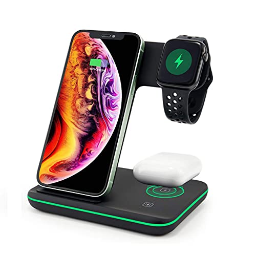 Tantra Fast Wireless Charger 3in1 Qi Certified 15W Type-C PD Compatible with iWatch SE 6/5/4/3/2/1, AirPods 2/ Pro, iPhone Series 12/11/X/XR/XS/8/Samsung Galaxy (No AC Adapter) (3 in 1 Black)