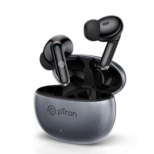 pTron Bassbuds Eon in-Ear TWS Earbuds with HD Mic, AI-ENC Calls, Deep Bass, Bluetooth v5.3 Wireless Headphone, 30H Playtime, Quick Pairing, Type-C Fast Charge, IPX4 Water Resistant (Steel Grey/Black)