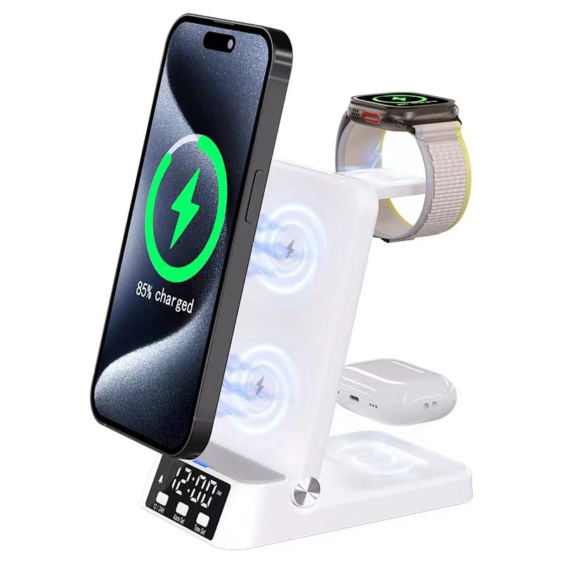 KICKSTORM 4 in 1 Smart 25W Foldable Compact Wireless Charging Stand Station Dock with Digital Alarm Clock Compatible with iPhone (8-15 Series),Samsung,one Plus| Airpods 2/3/Pro, Smartwatches